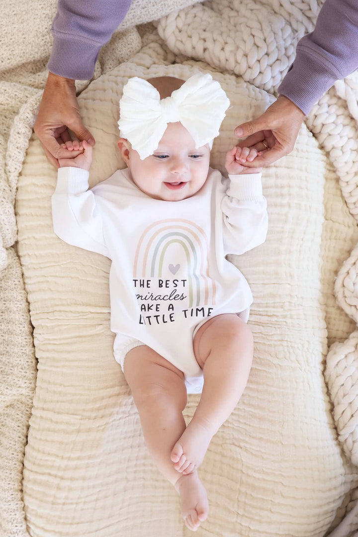 rainbow miracles take a little time sweatshirt bubble romper