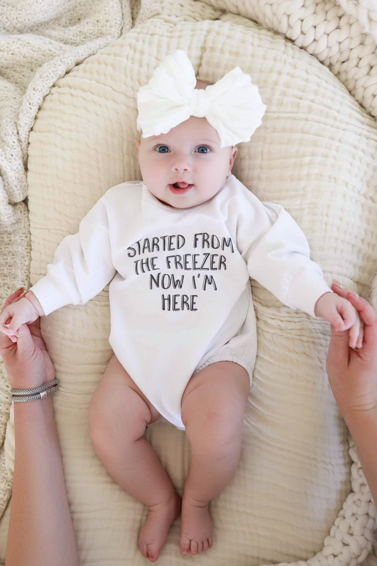 started from the freezer now im here sweatshirt bubble romper for babies