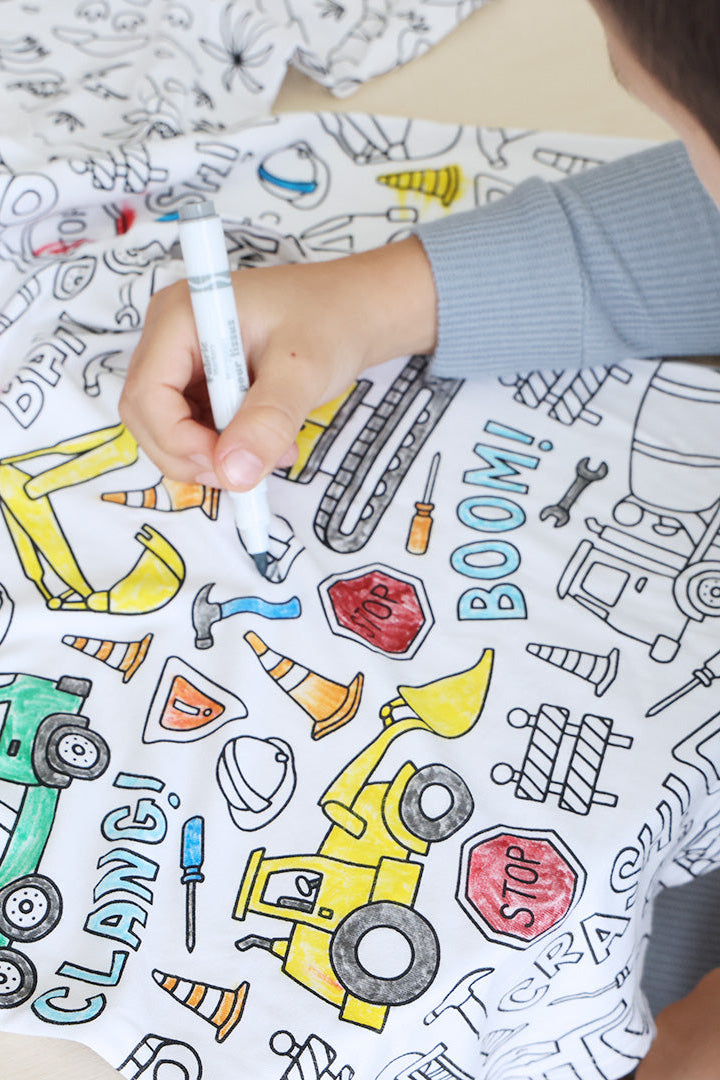 Colorable Two Piece Pajama Set | Construction Zone close up