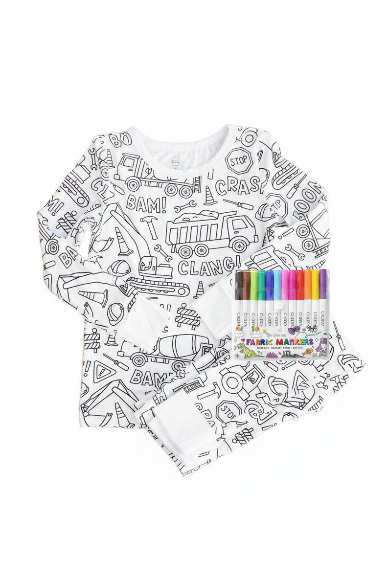 Construction Zone Colorable Pajama Two Piece Set flat lay
