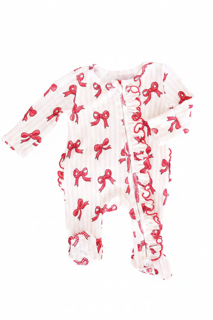 red bow and pink stripe ruffle zipper footie for girls 