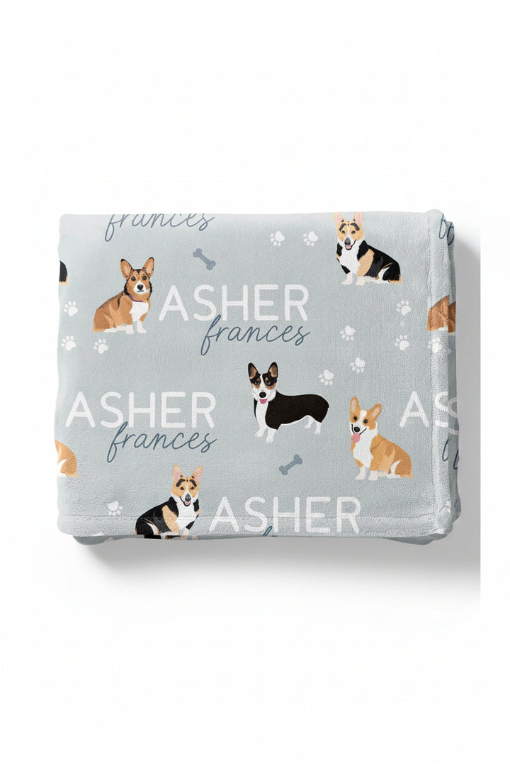 personalized kids blanket blue with corgis 