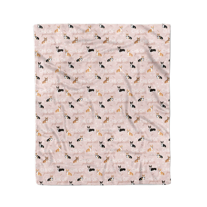 pink personalized kids blanket with corgi