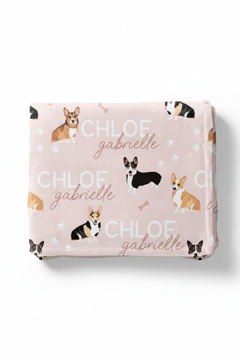personalized kids blanket with corgis pink