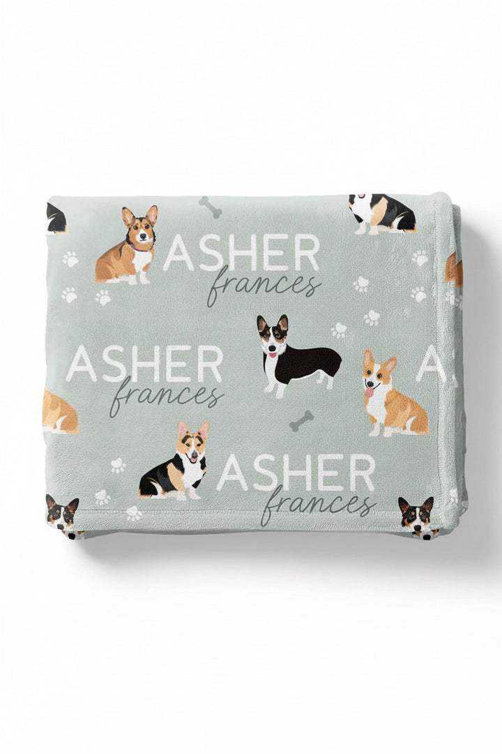 sage personalized kids blanket with corgi