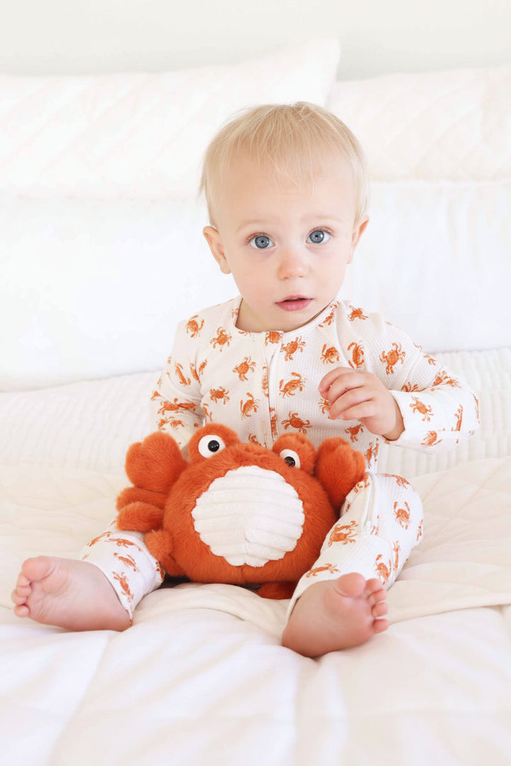 orange crab convertible zip romper pajama for babies and toddlers 