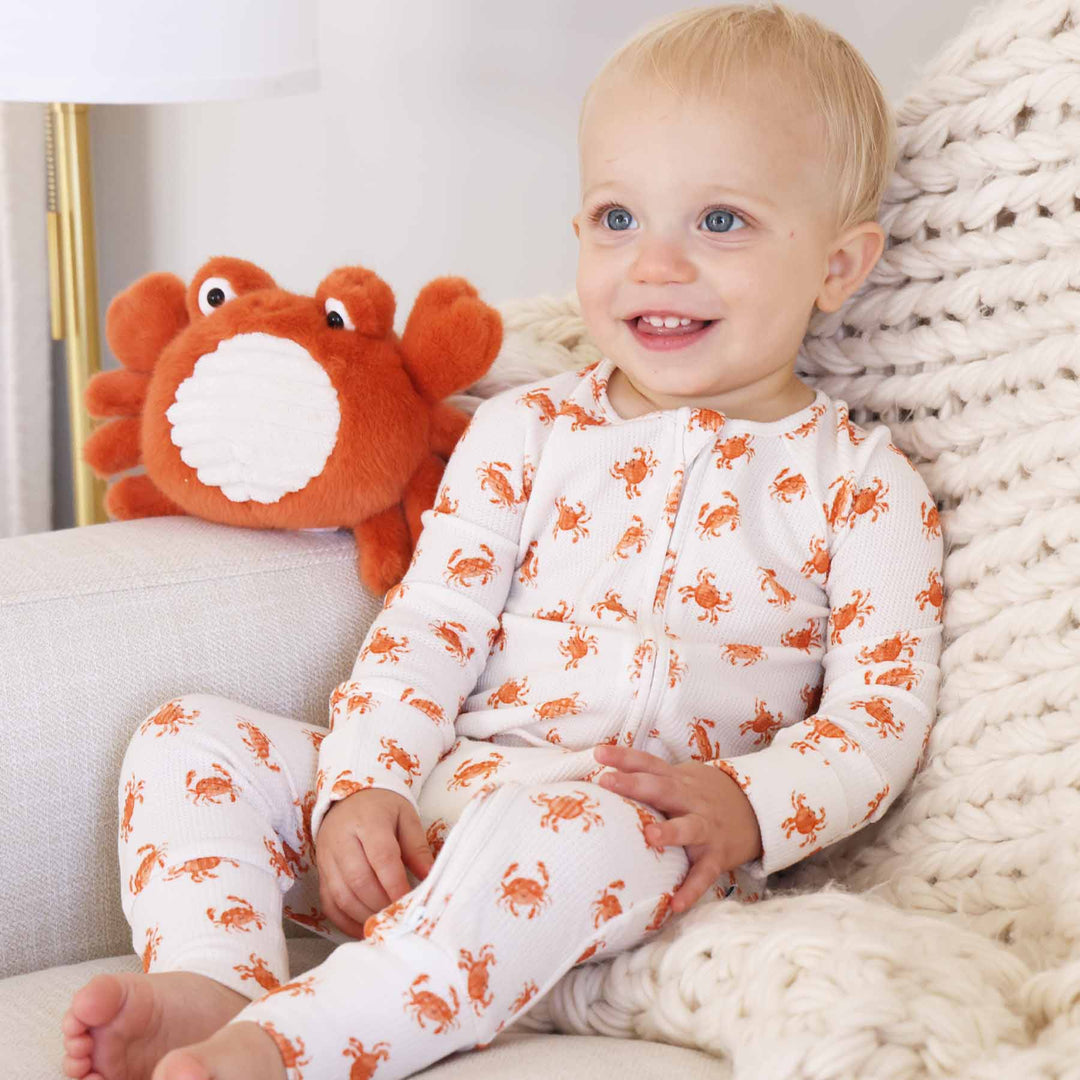 beachy waffle convertible zip romper pajama with orange crabs 