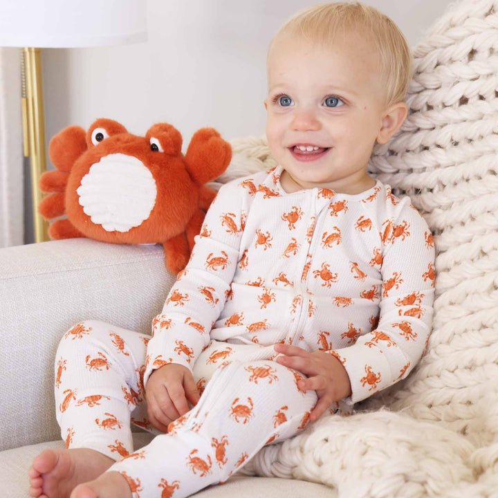 beachy waffle convertible zip romper pajama with orange crabs 