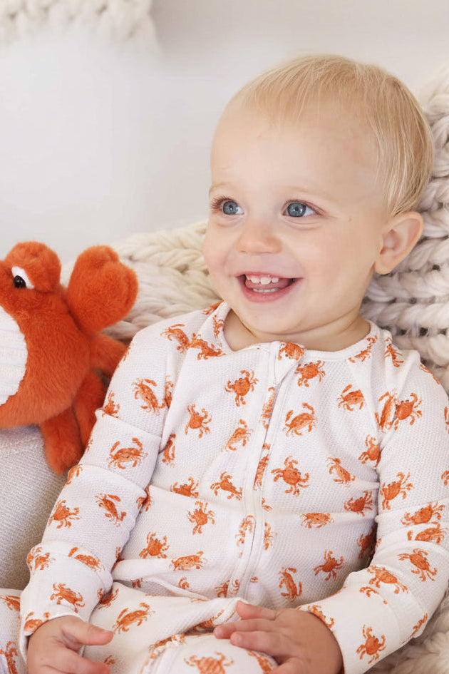gender neutral pajama romper with crabs 