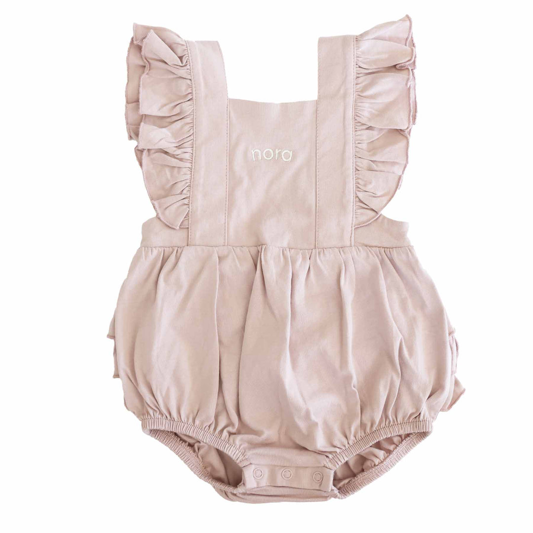 cross back ruffled romper for girls 