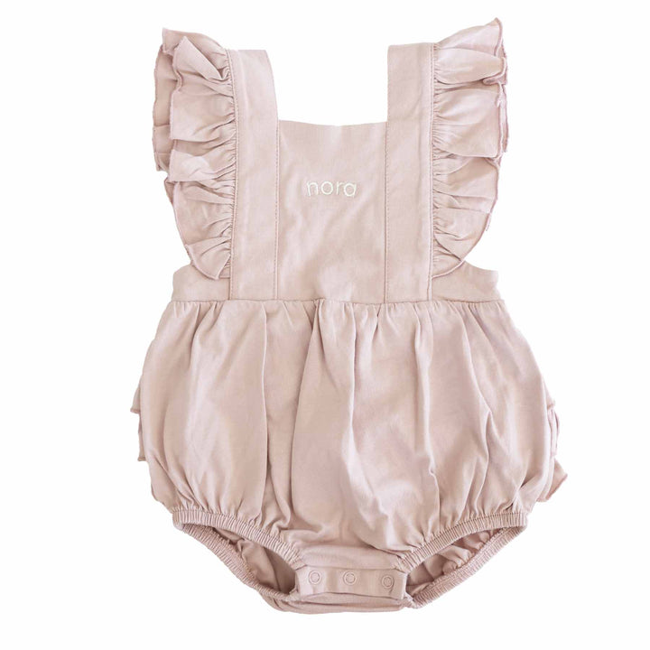 cross back ruffled romper for girls 