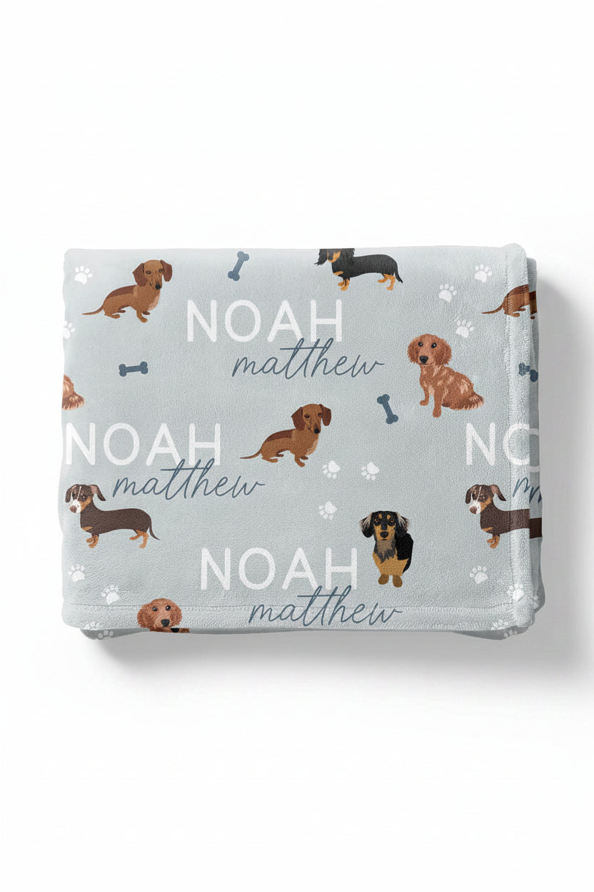 dachsund personalized kids blanket blue