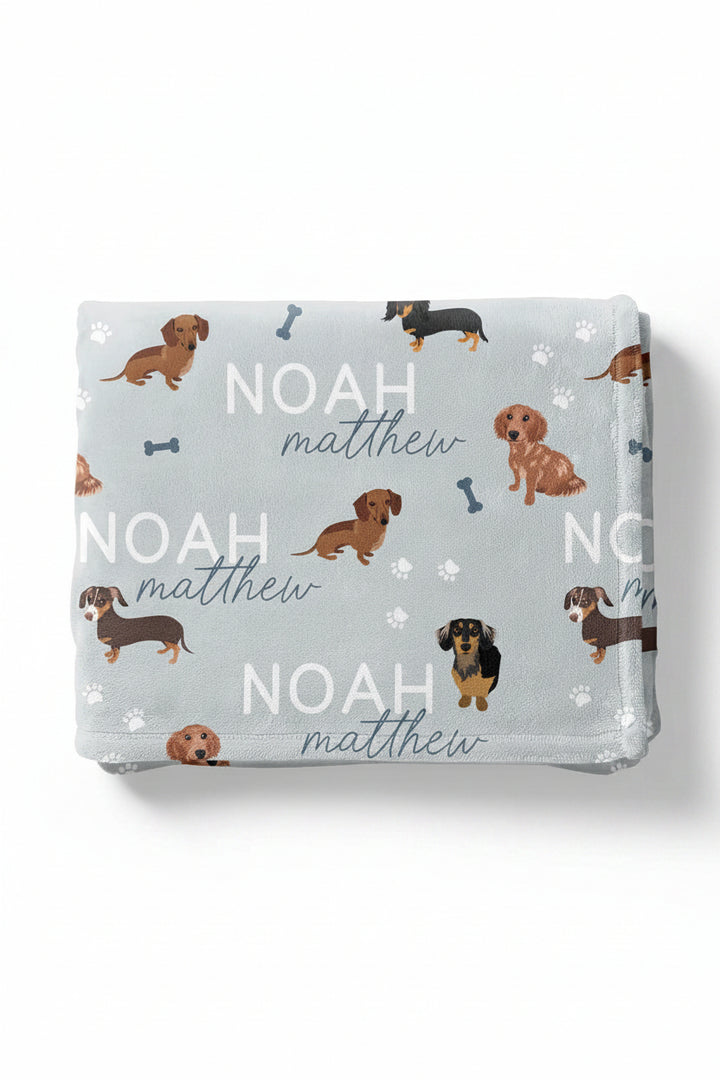dachsund personalized kids blanket blue