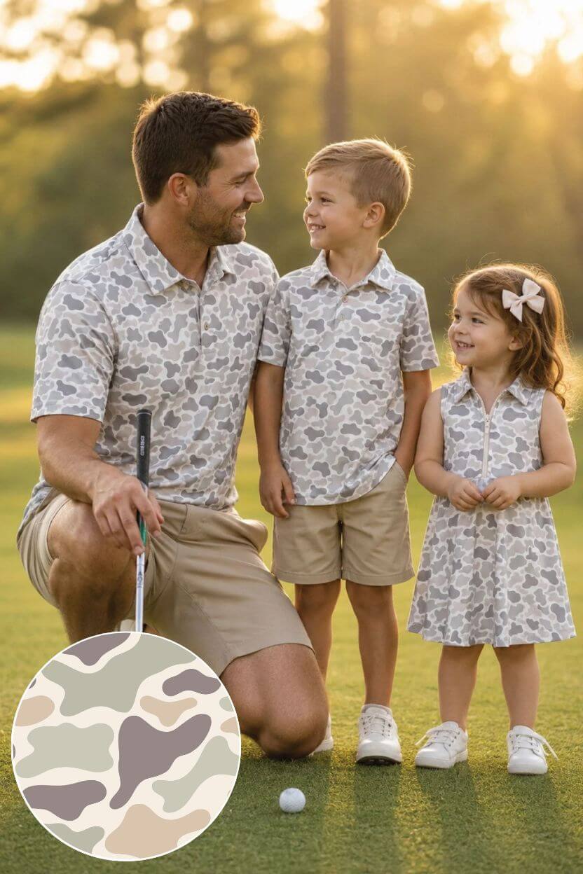 dad and son matching polos with athletic dress for girls in camo