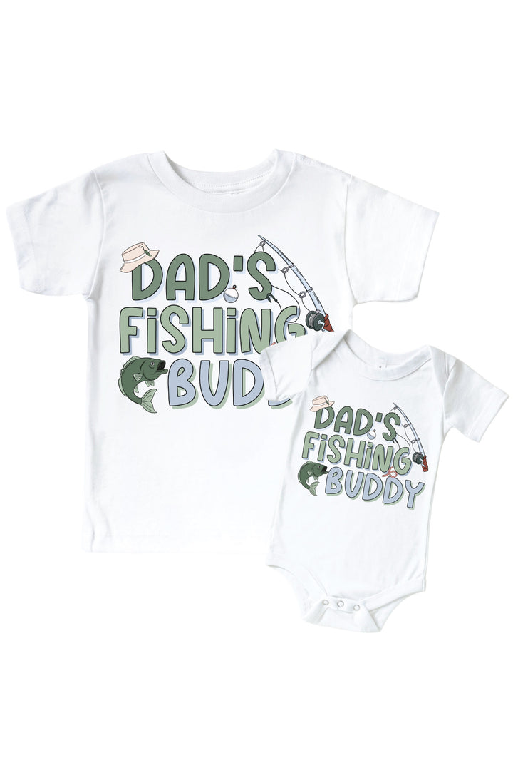 Dad's Fishing Buddy kids graphic tee and bodysuit set with colorful fishing graphic flat lay