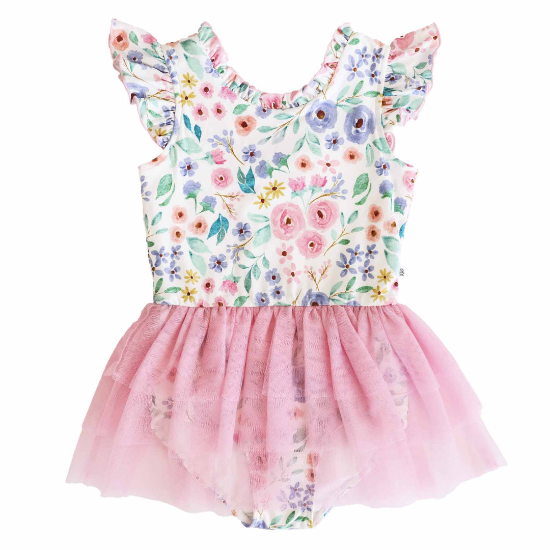 vintage floral print ballet leotards with pink tutu for little girls