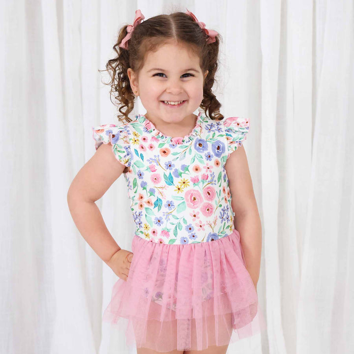 vintage floral print ballet leotards ruffle detail for little girls