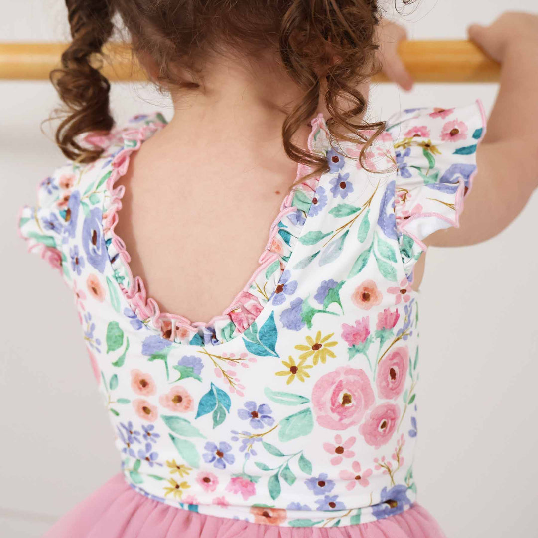 vintage floral print leotards with ruffle detail for girls