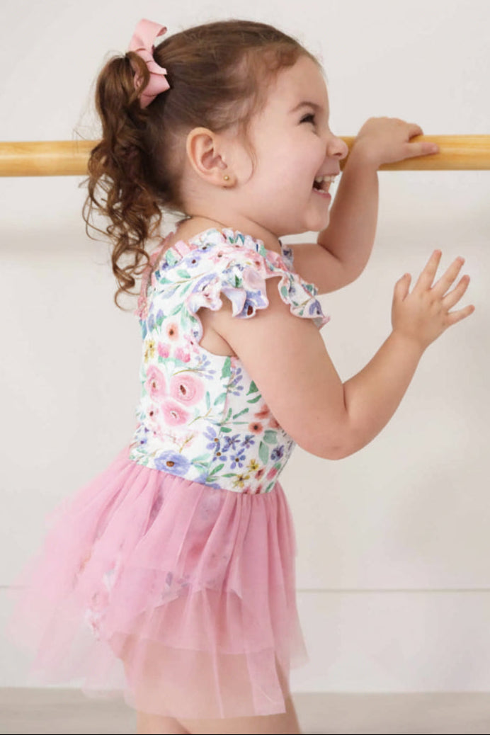 vintage floral print ballet leotards ruffle detail  and pink tutu for little girls