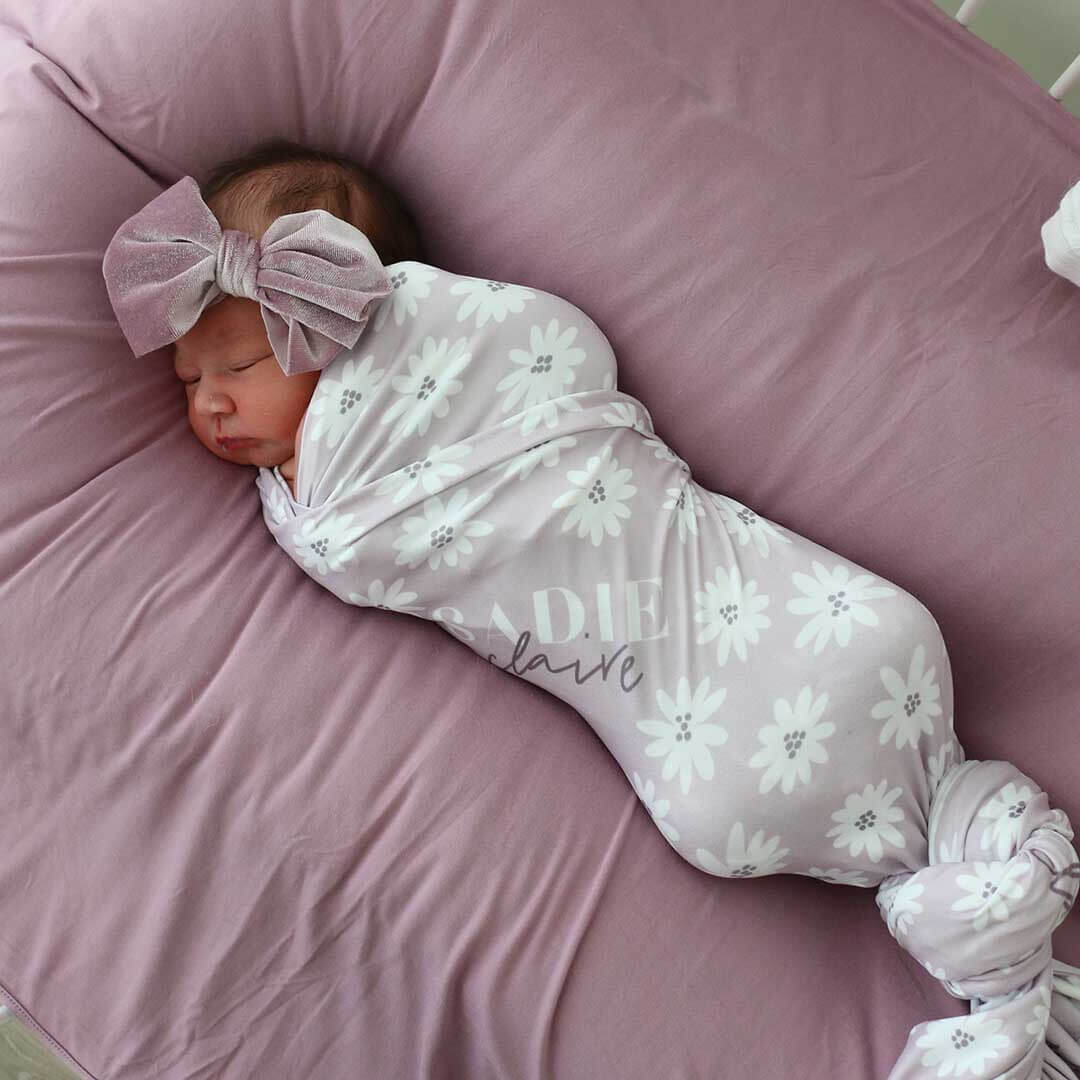 personalized swaddle blanket with daisies purple 