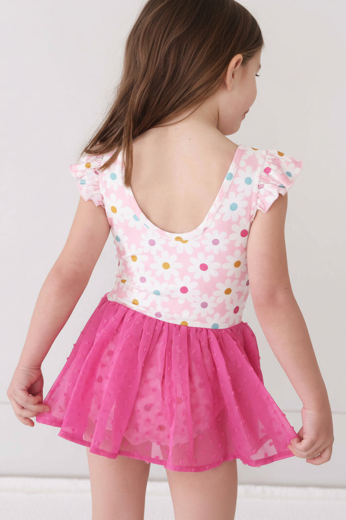 pink simple daisy floral print ballerina leotards with hot pink tutu for girls