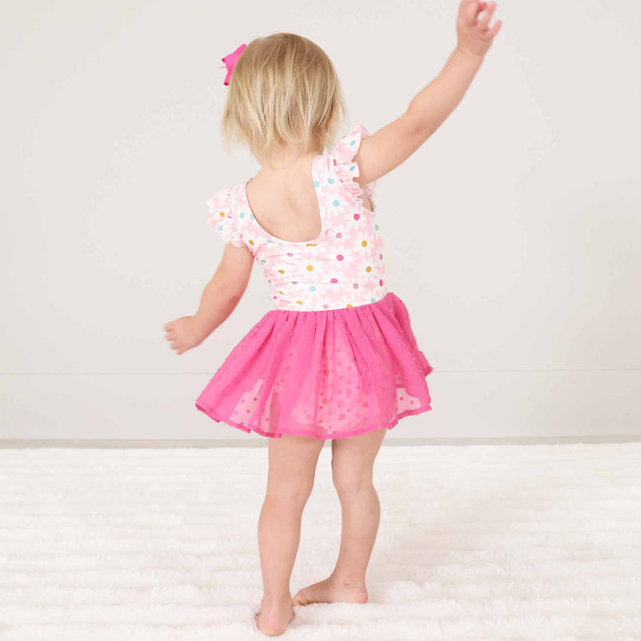 pink daisy print ballerina leotards with tutu and ruffle detail for girls