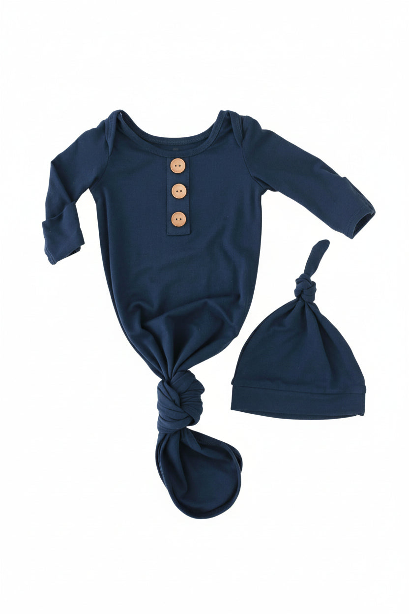 dark navy knot gown and hat set 