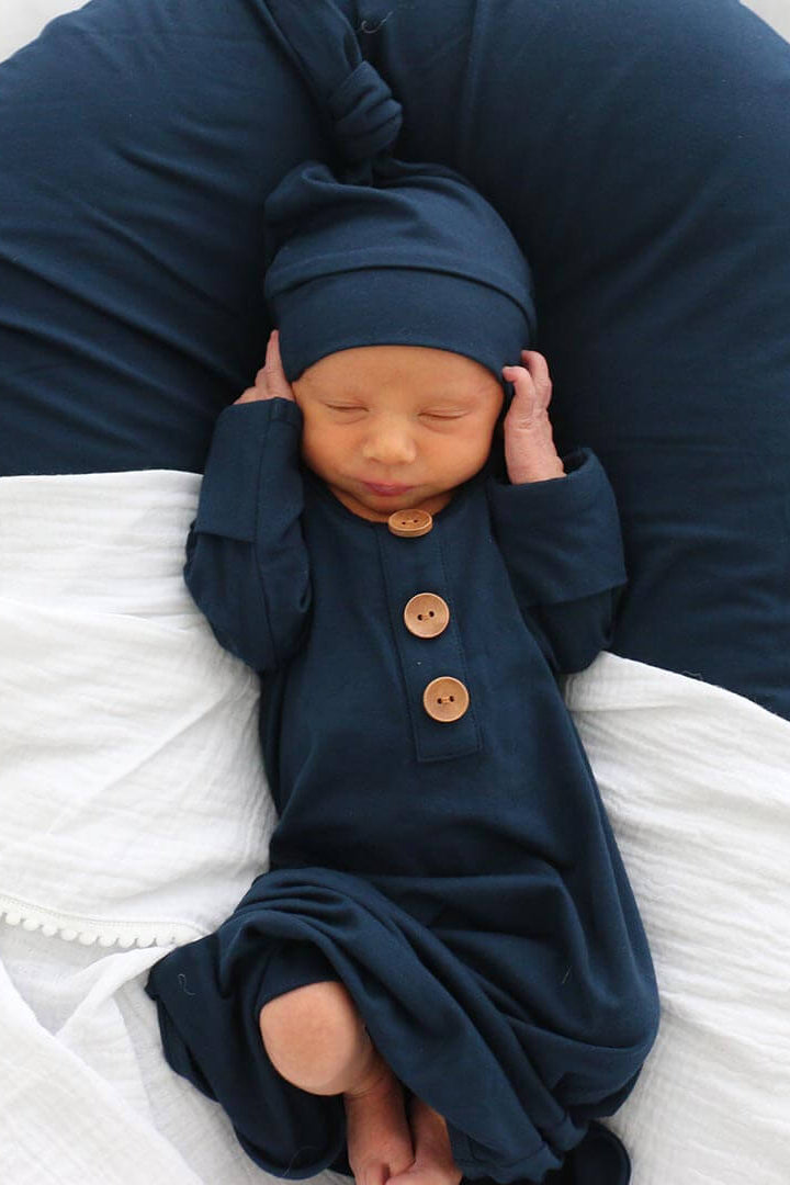 navy knot gown and hat set for newborns