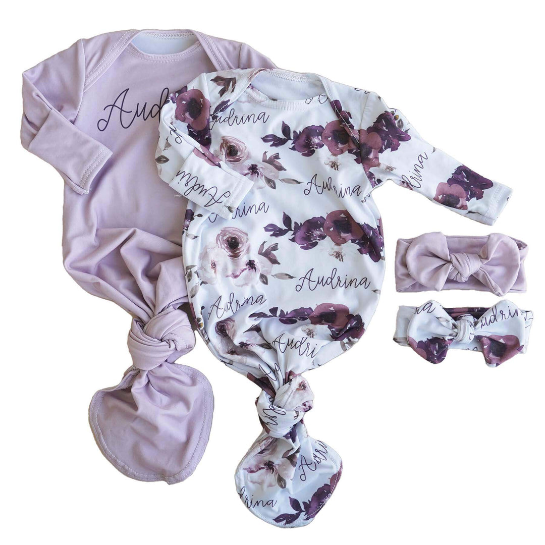 dusty purple floral personalized knot gown