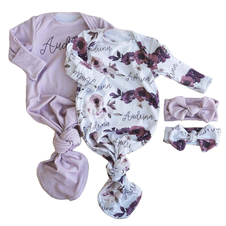 dusty purple floral personalized knot gown