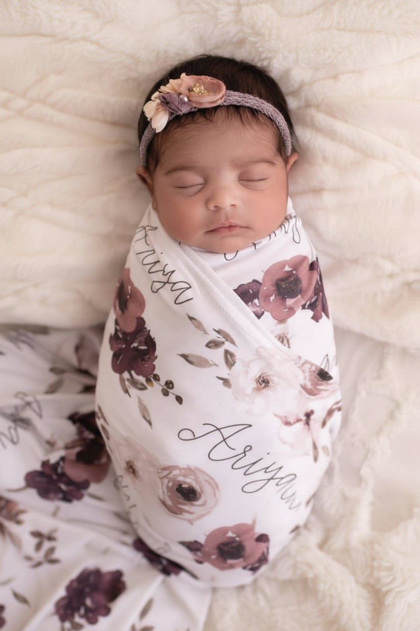 personalized purple floral swaddle blanket 