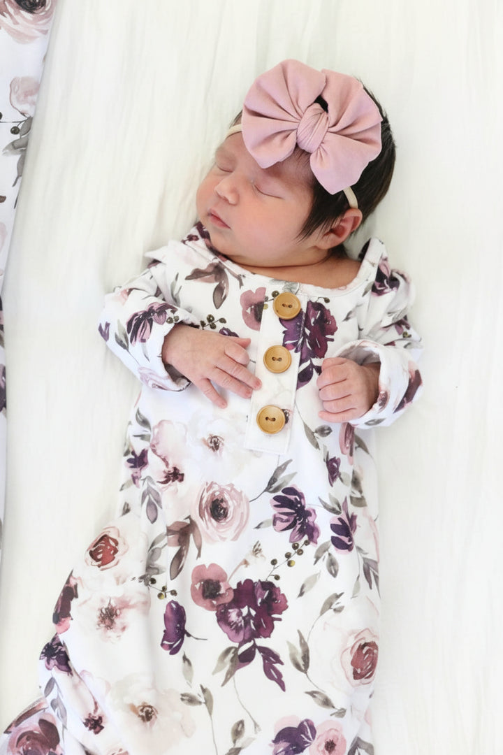 newborn knot gown and hat set dusty purple floral
