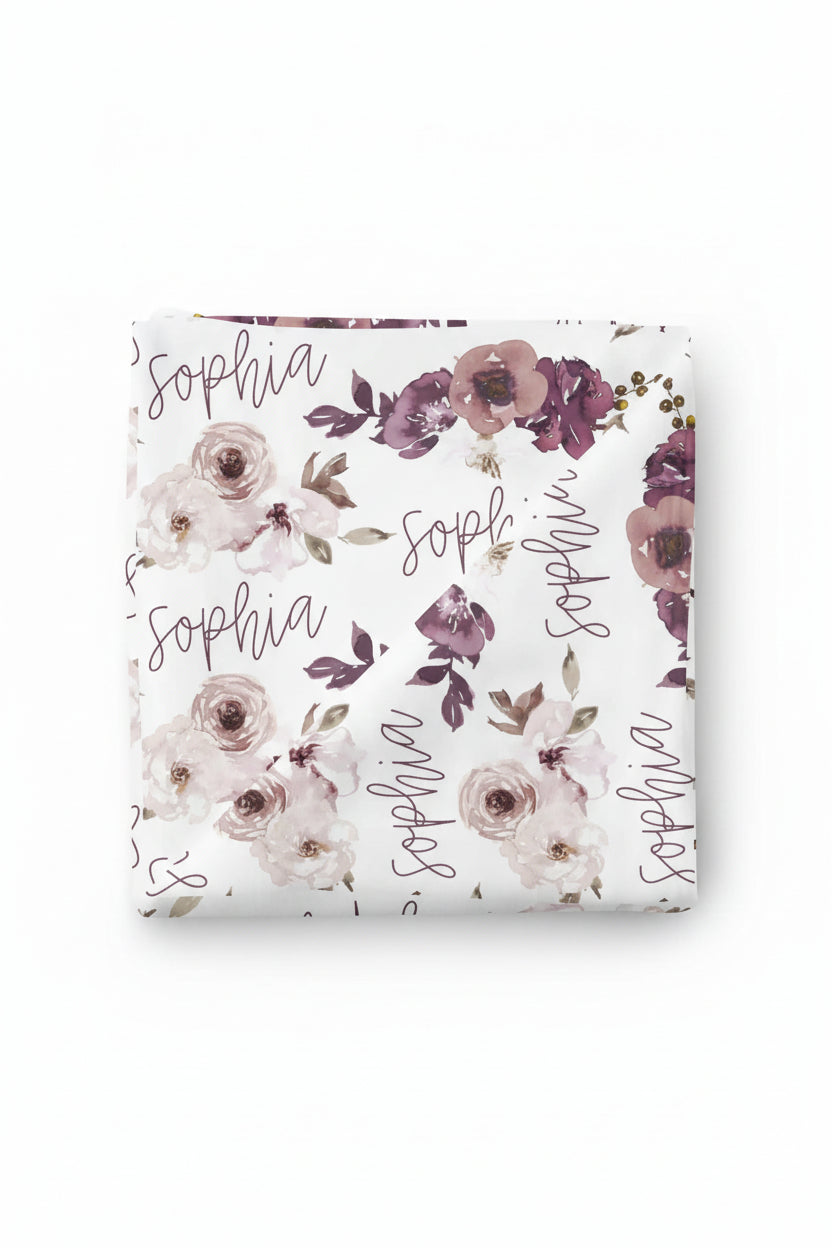 purple floral personalized swaddle blanket 
