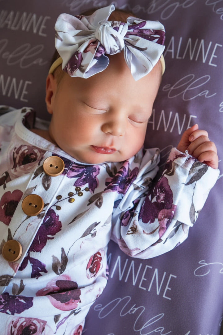 purple floral knot gown and hat set