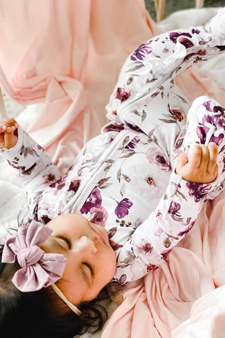 dusty purple flowers zipper footie 