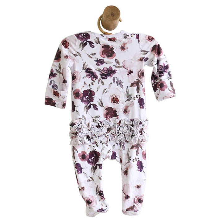 dusty purple floral zipper ruffle footie 