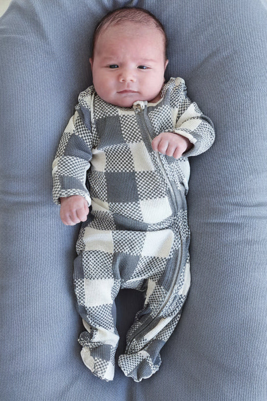denim big check waffle bamboo zipper footie 