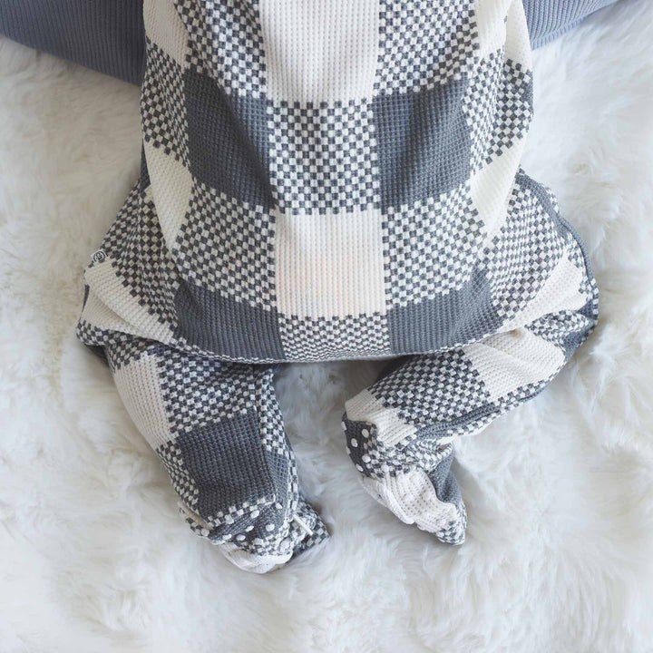 bamboo waffle footie for babies denim check 