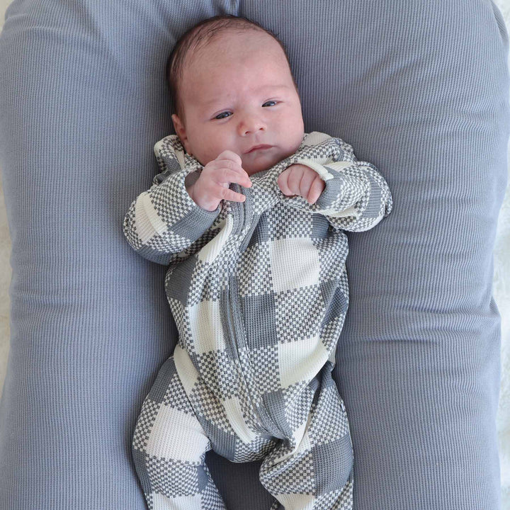 boy zipper footie denim check made of bamboo waffle 