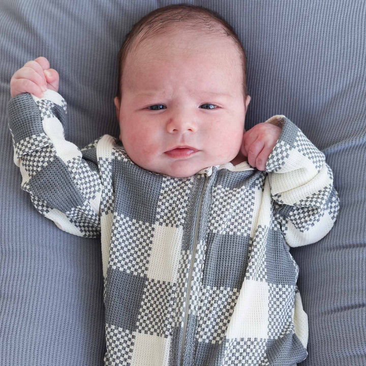 denim check waffle footie for babies 
