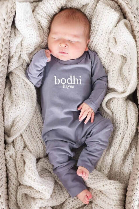 denim personalized snap romper for babies