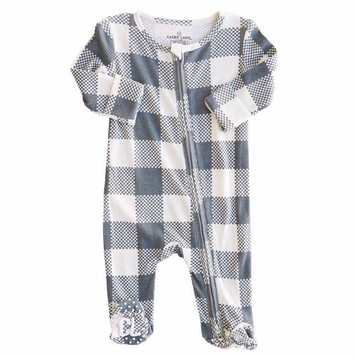 zipper footie denim blue check