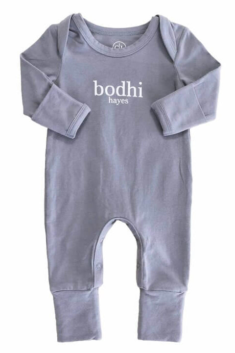dusty denim personalized full length snap romper 