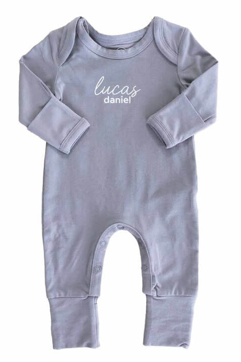 dusty denim personalized full length snap romper for babies