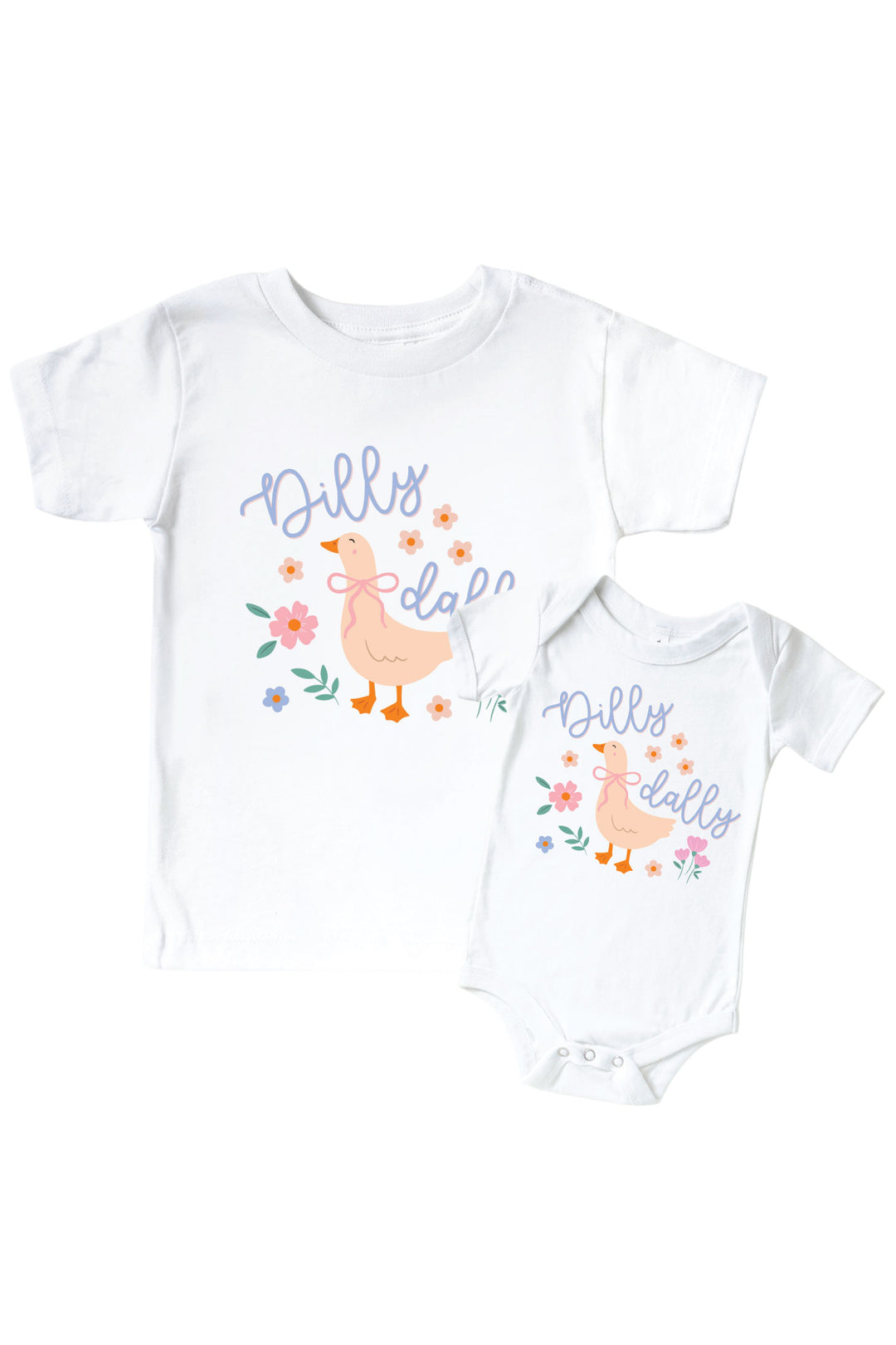White kids tee and baby bodysuit mockup with Dilly Dally graphic featuring a goose with flowers and script text, showing both sizes on a white background