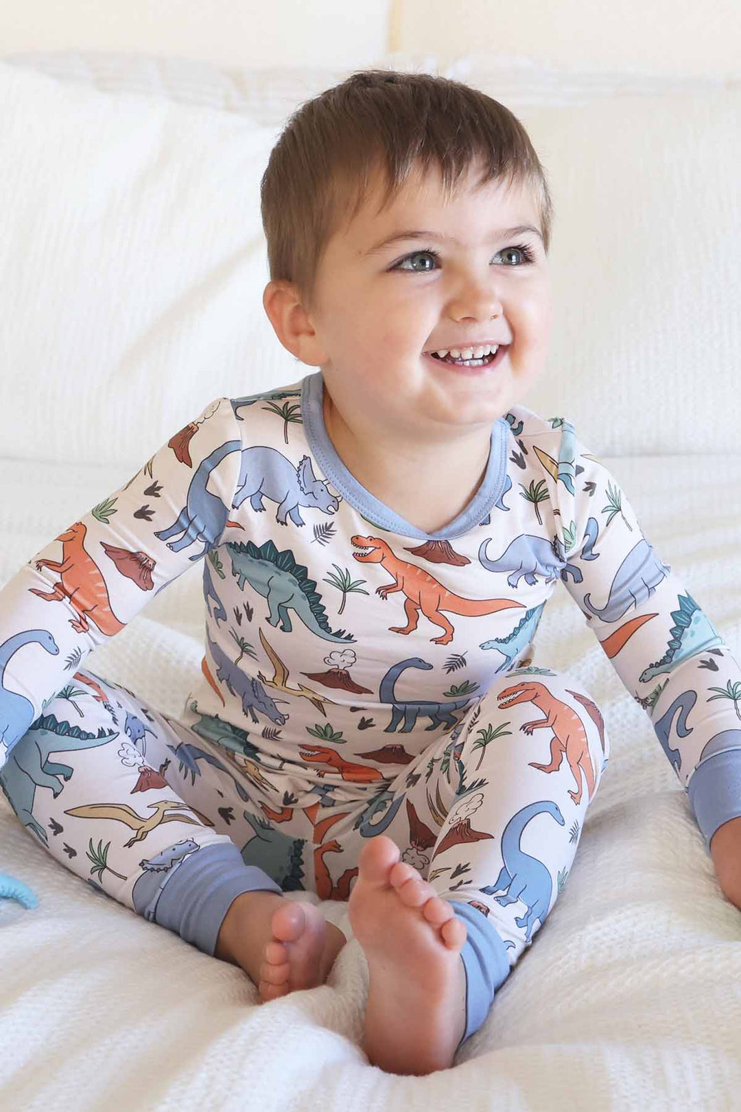 boys two piece pajama set with colorful dinosaurs
