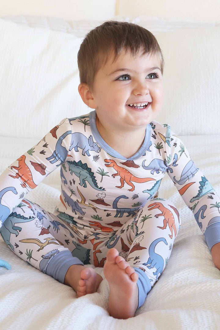 boys two piece pajama set with colorful dinosaurs