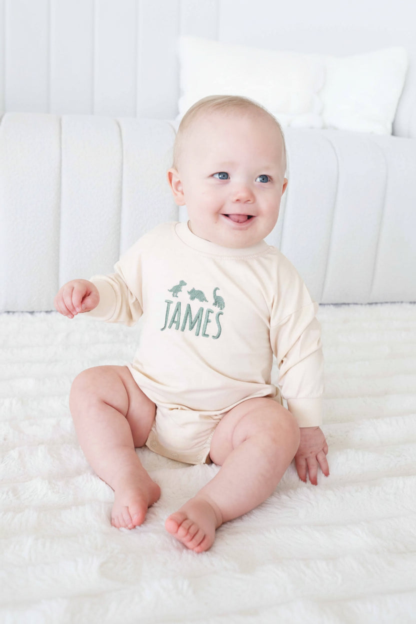 Embroidered Dinosaur Long Sleeve Bubble Romper | Natural
