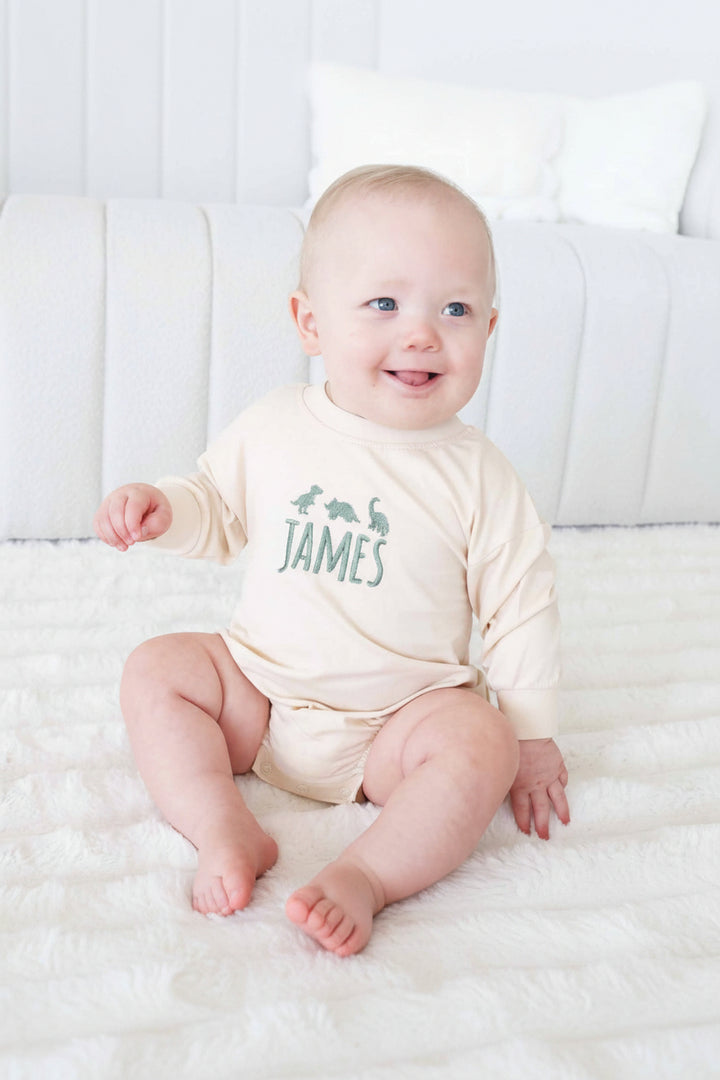 dinosaur personalized long sleeve bubble romper for babies 