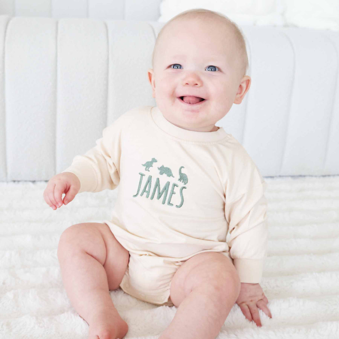 dinosaur and name long sleeve embroidered bubble romper for baby boys 